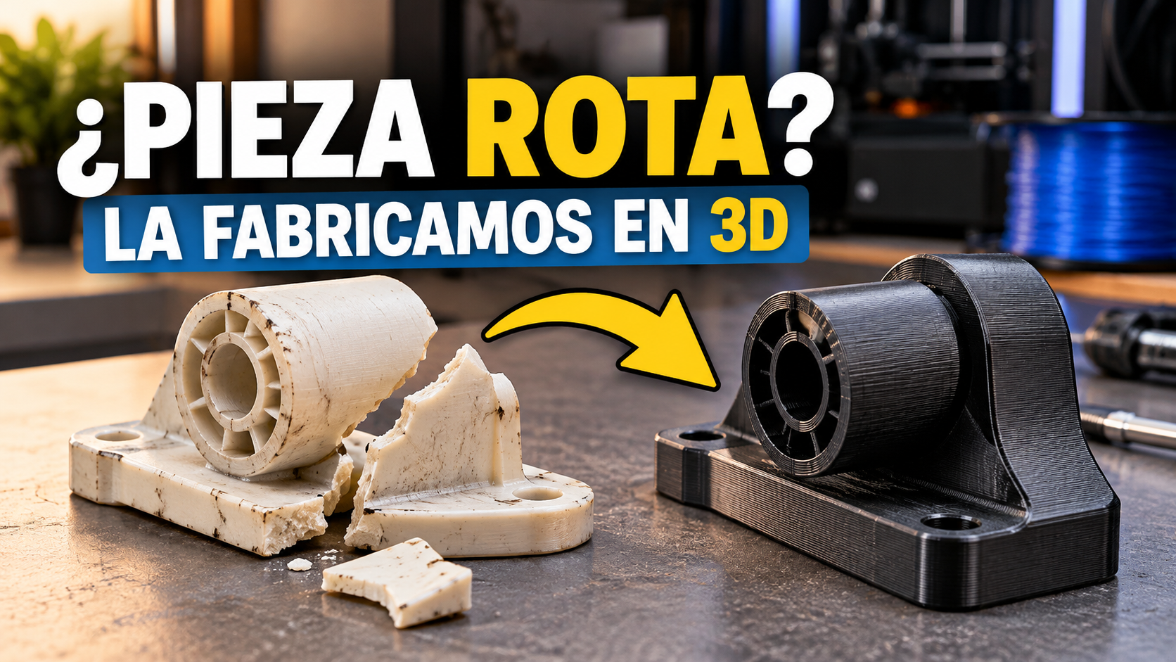 Pieza de plástico rota junto a un repuesto fabricado mediante impresión 3D
