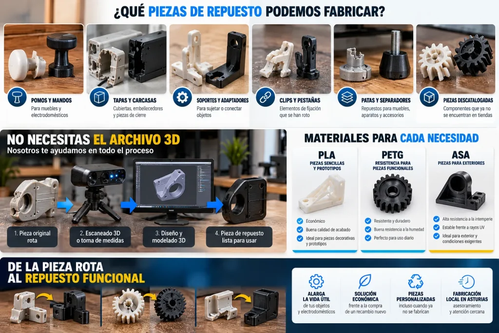 Infografía sobre piezas de repuesto con impresión 3D, escaneado 3D y materiales PLA, PETG y ASA